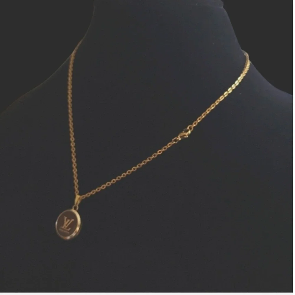 Louis Vuitton Upcycled Button Pendant Necklace Gold Tone LV Monogram Brown - Picture 4 of 5